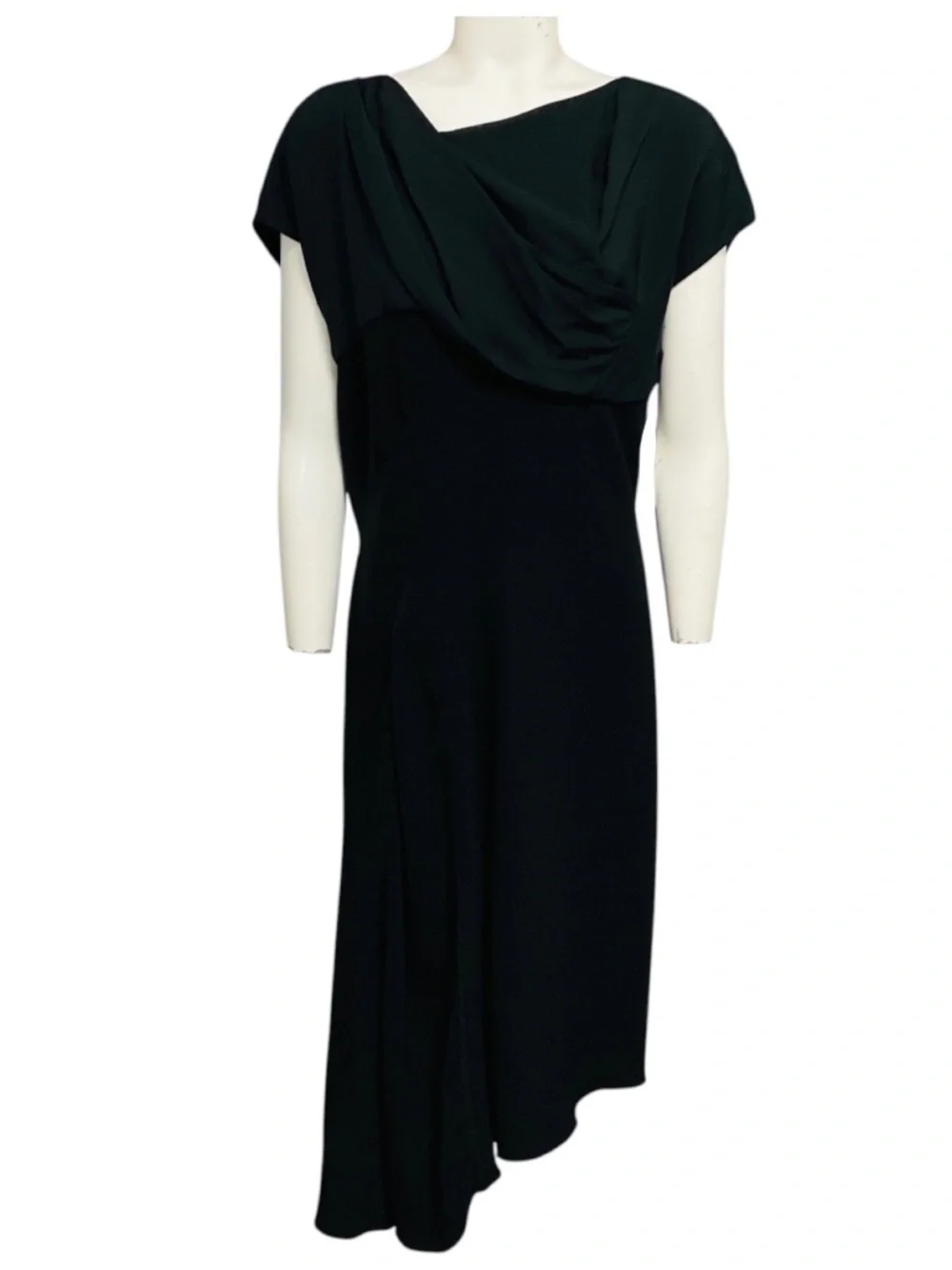 LOUIS VUITTON BLACK DRAPED ASYMMETRIC HEM SILK MIDI DRESS